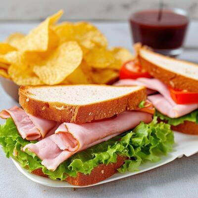 ham sandwiches with lettuce and tomato and a side of potatoe chips for lunch-1